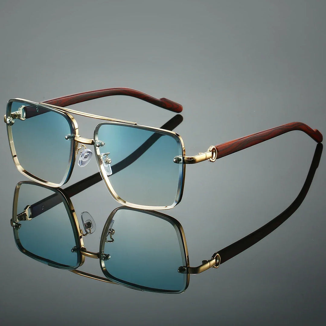 A pair of sunglasses with a modern frame design, featuring a combination of gold and dark brown colors, and high-definition lenses with UV protection.