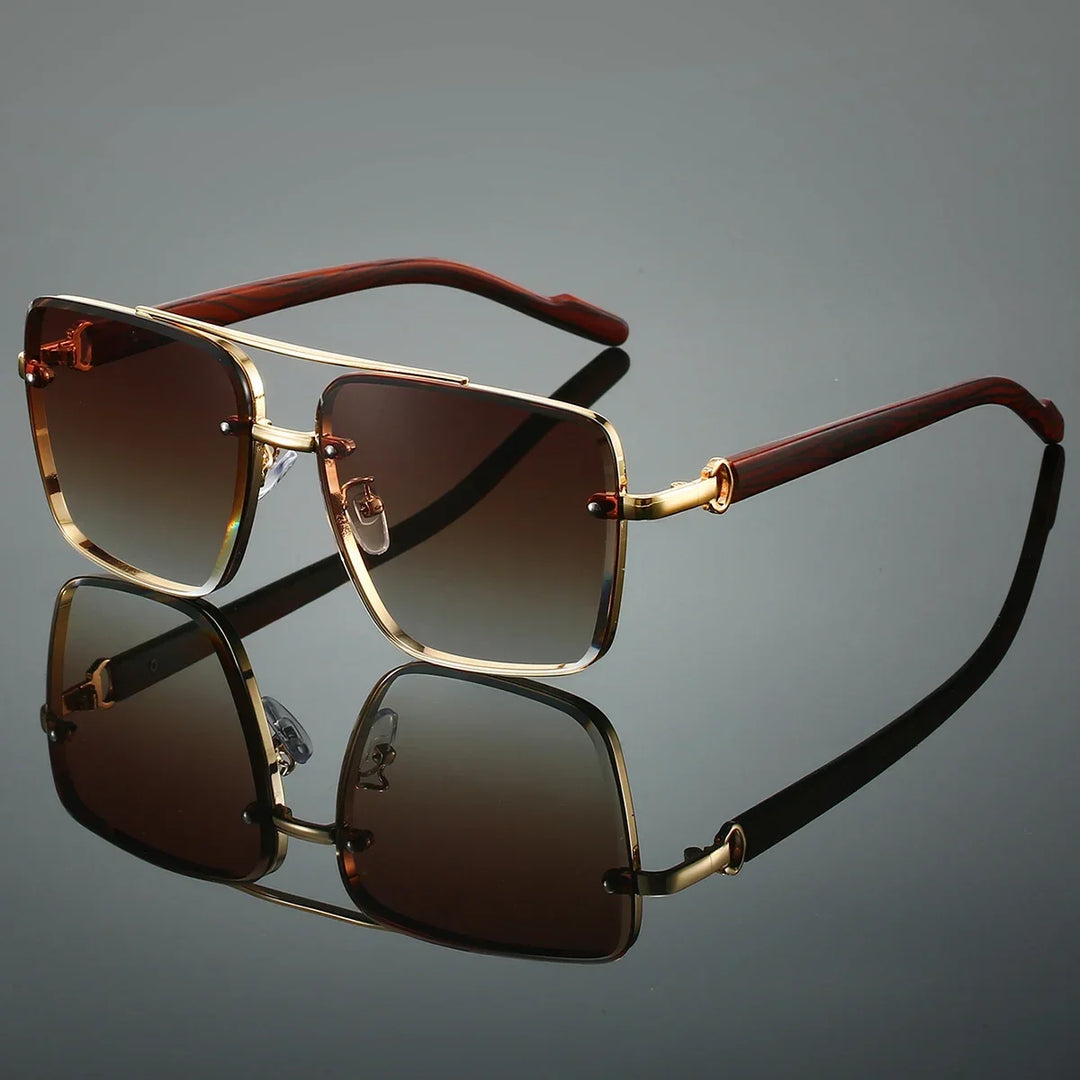 A pair of sunglasses with a modern frame design, featuring a combination of gold and dark brown colors, and high-definition lenses with UV protection.