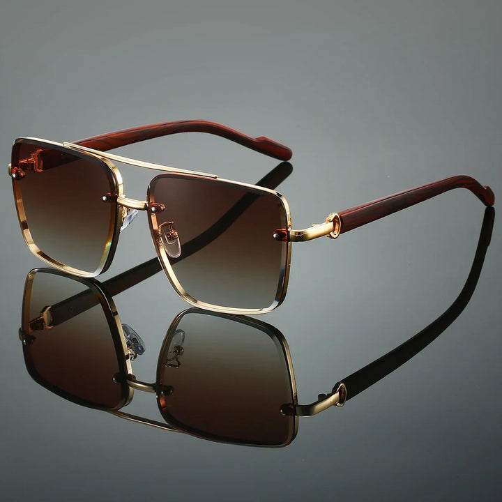 A pair of sunglasses with a modern frame design, featuring a combination of gold and dark brown colors, and high-definition lenses with UV protection.