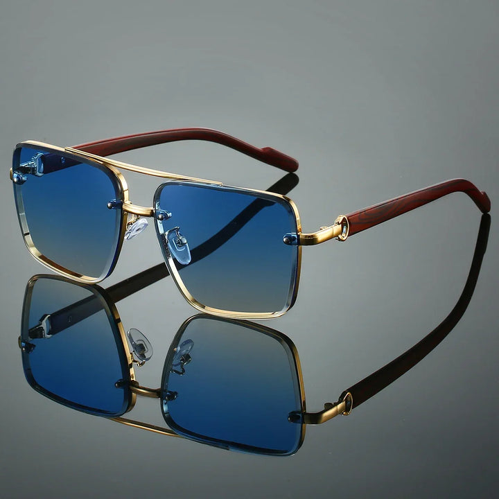 A pair of sunglasses with a modern frame design, featuring a combination of gold and dark brown colors, and high-definition lenses with UV protection.